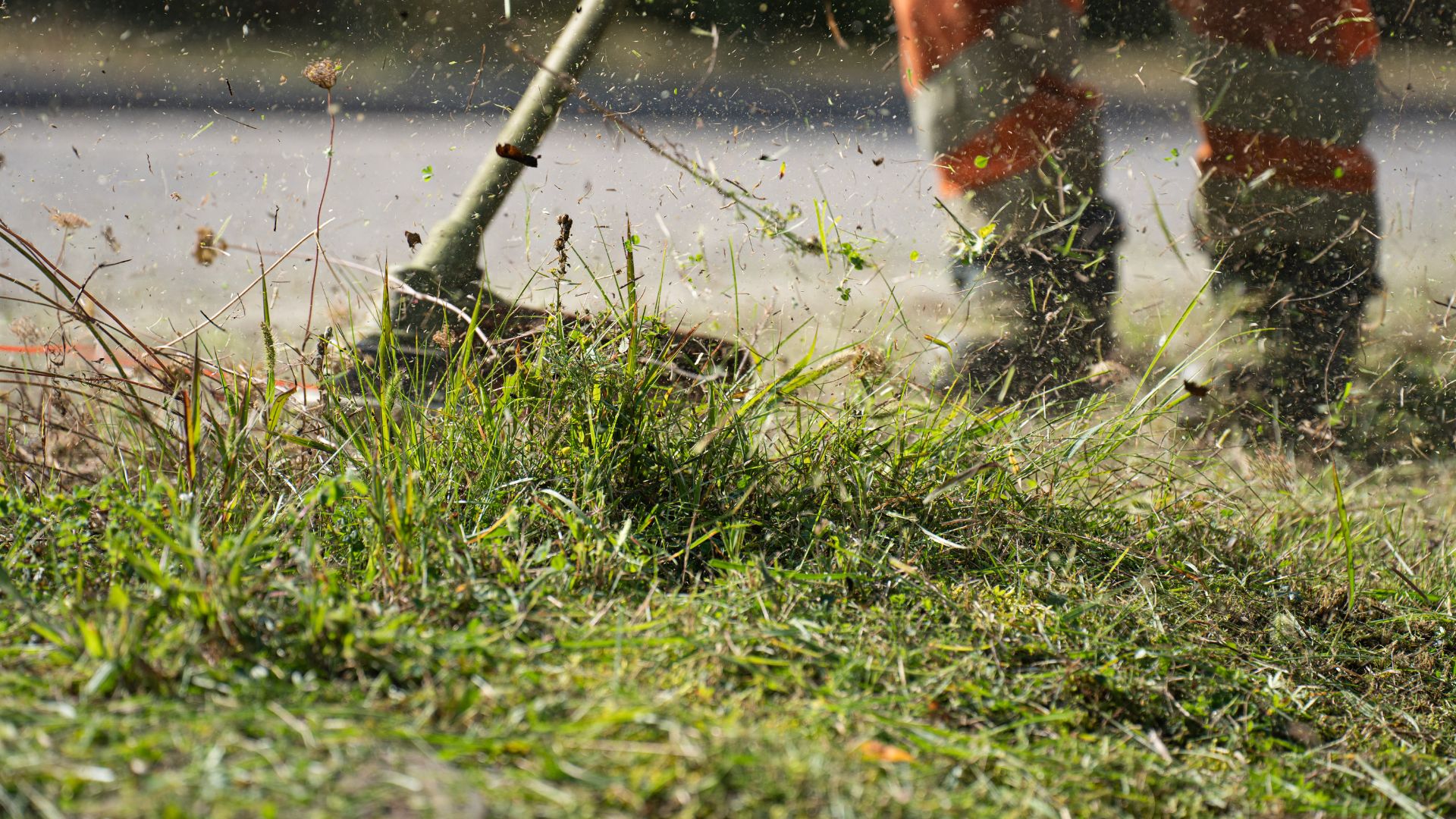 Lawn being mowed with grass clippings flying in dynamic motion
