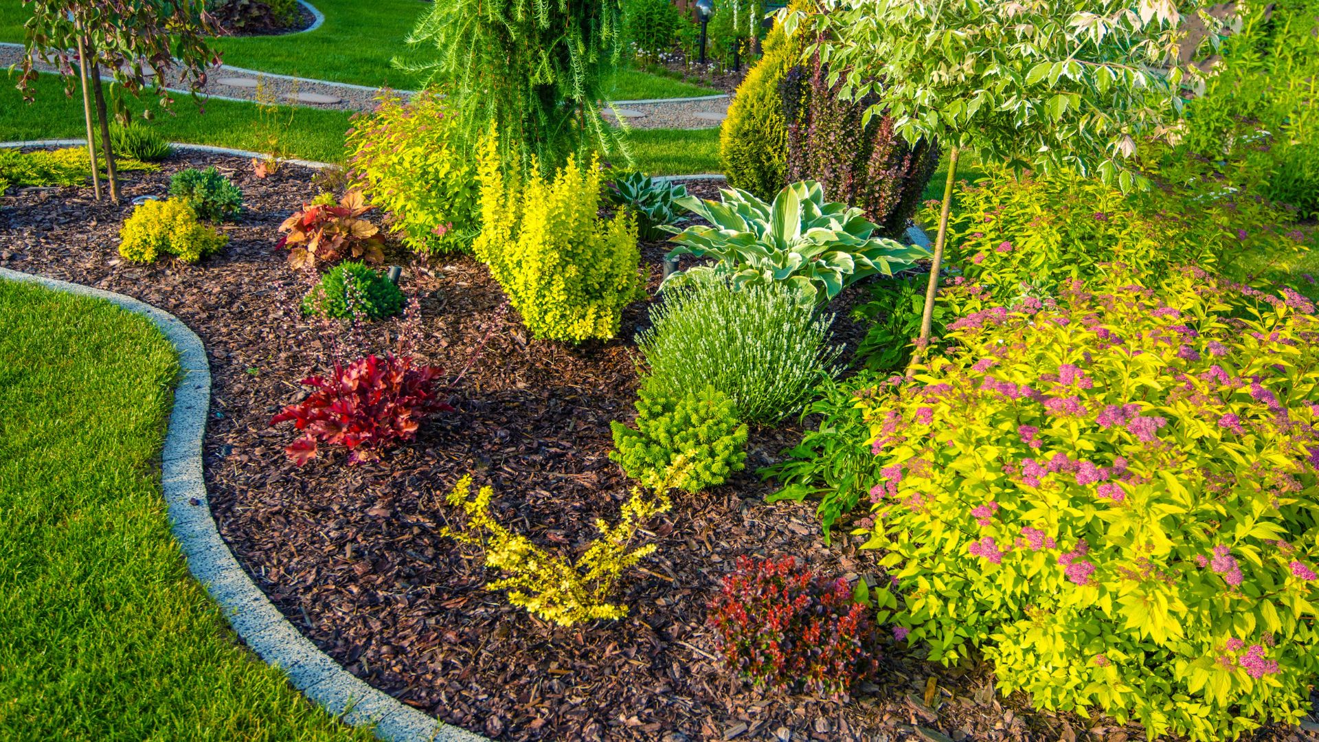 Colorful landscaped garden with mulch beds, vibrant plants, and curved lawn edges