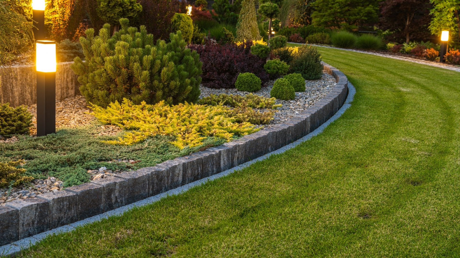 Illuminated landscaped garden with curved stone border and varied green plants